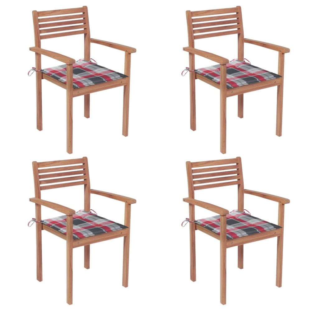 Vidaxl Záhradné stoličky 4 ks červené kockované podložky teakový masív